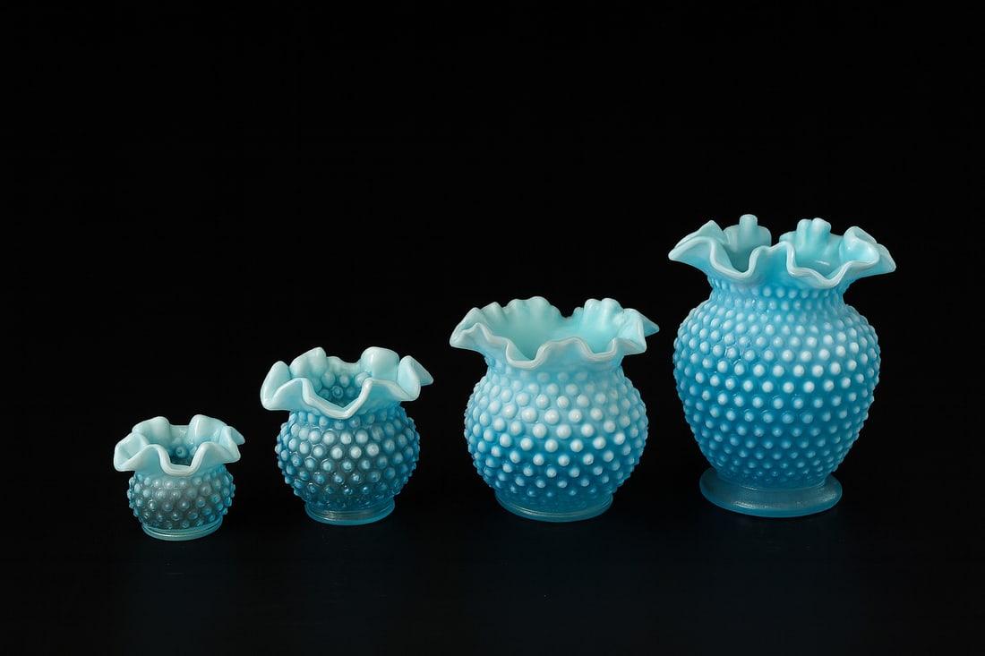 Fenton Blue Opalescent Hobnail Vase Collection — Four-Piece Graduated Set (1 of 4)