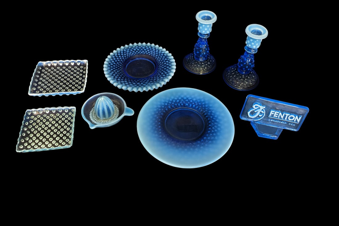 Fenton Blue Opalescent Hobnail Glass Collection (8 pcs) — Includes Candlesticks & Juicer (1 of 5)