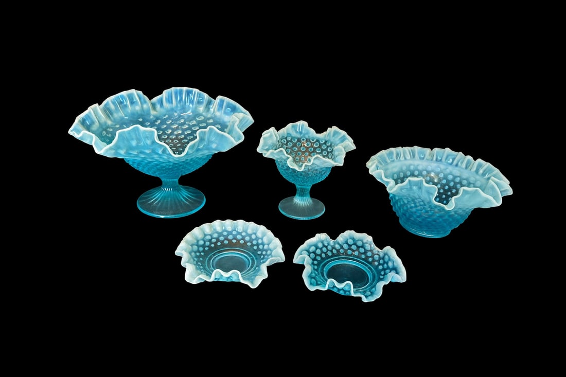Fenton Blue Opalescent Hobnail Ruffled Compotes & Bowls (5pcs) (1 of 5)