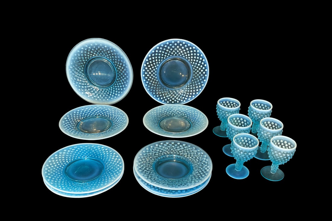 Fenton Blue Opalescent Hobnail Plates & Stemware Set (14pcs) (1 of 3)