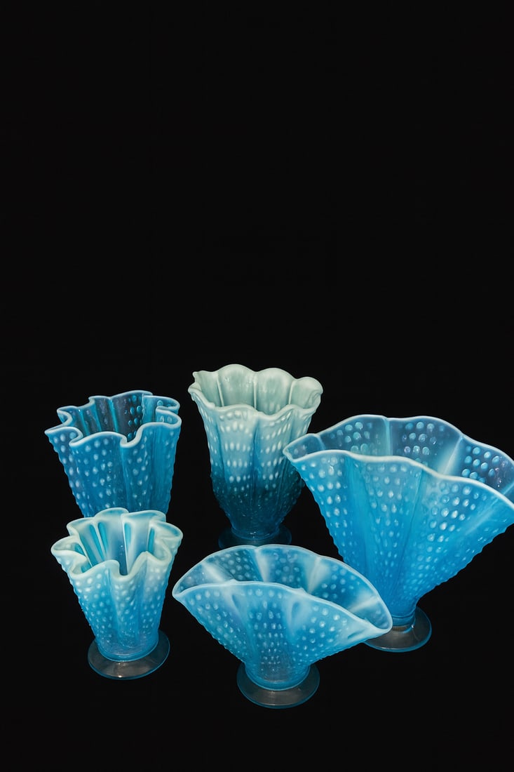 Fenton Blue Opalescent Hobnail Vases – Lot of 5, Assorted Forms (1 of 5)
