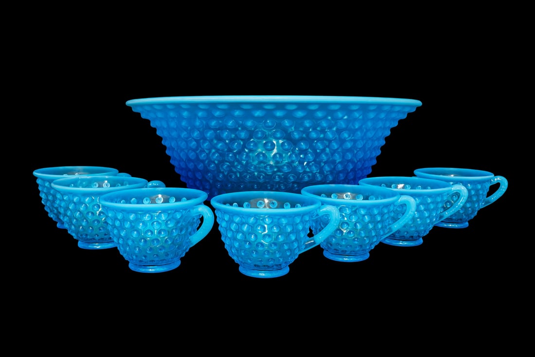 Vintage French Blue Opalescent Hobnail Punch Bowl Set: (1) Large Punch Bowl – approx. 12” diameter × 5.25” H•(7) Matching Punch Cups – each approx. 3.25” diameter × 2.5” H