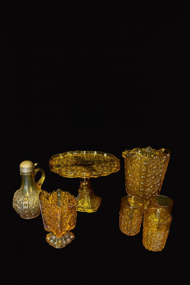 Amber “Daisy & Button”Pressed Glass Table Set with Pedestal Cake Stand (7 pcs) (1 of 5)