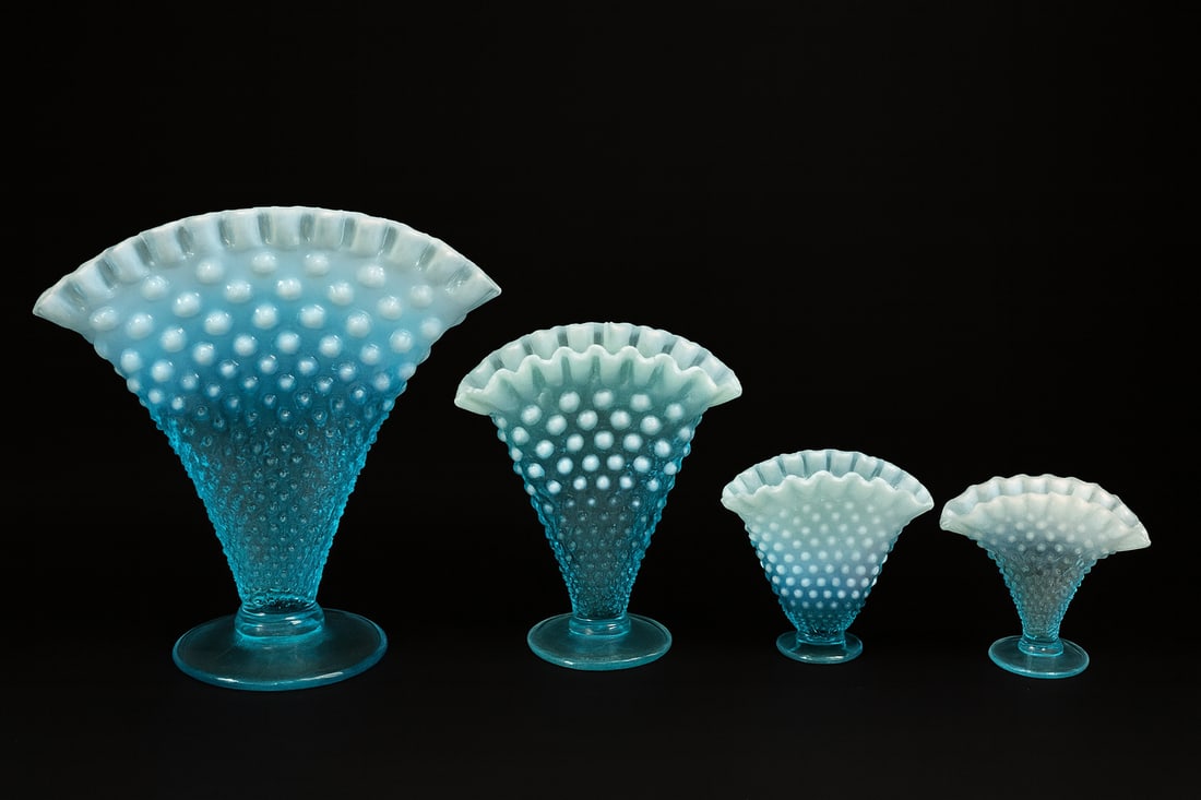 Fenton Blue Opalescent Hobnail Fan Vase Collection — Set of 4 Graduated Sizes (1 of 4)