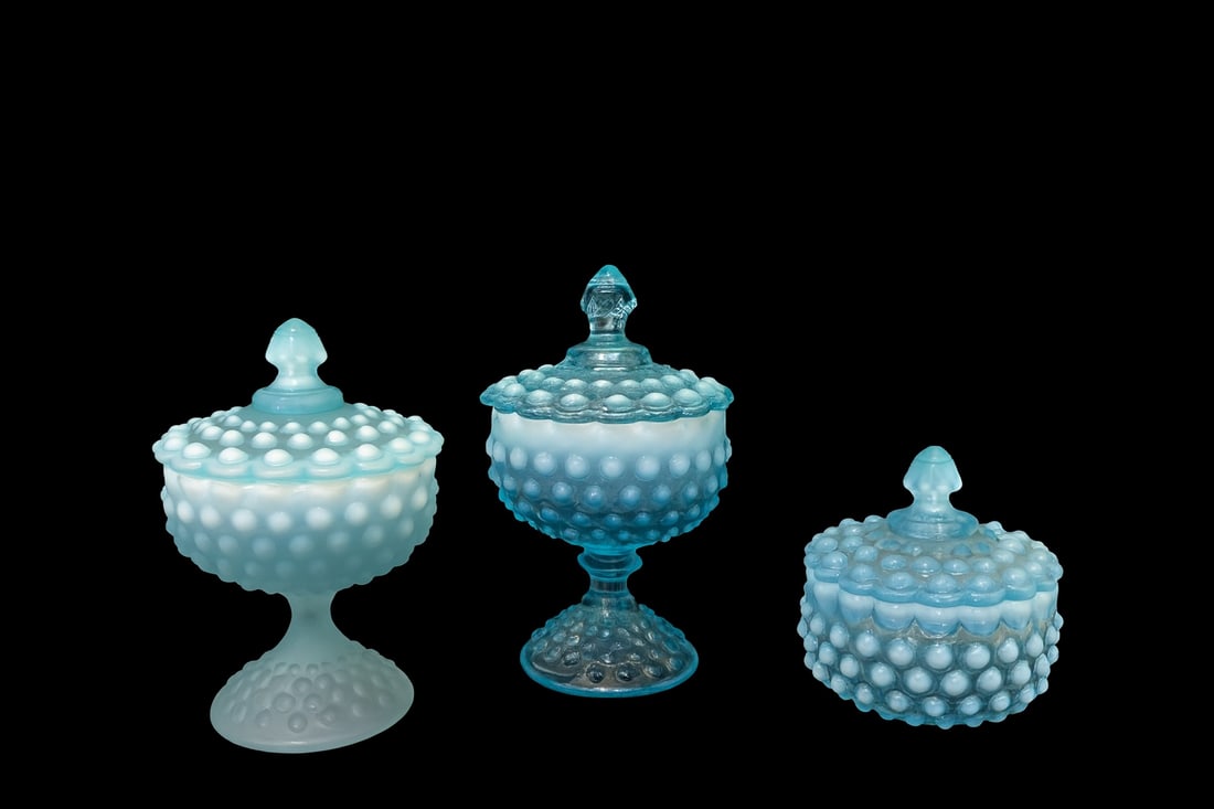Fenton Blue Opalescent Hobnail Covered Compotes / Candy Dishes (3pcs) — Color Variation (1 of 4)