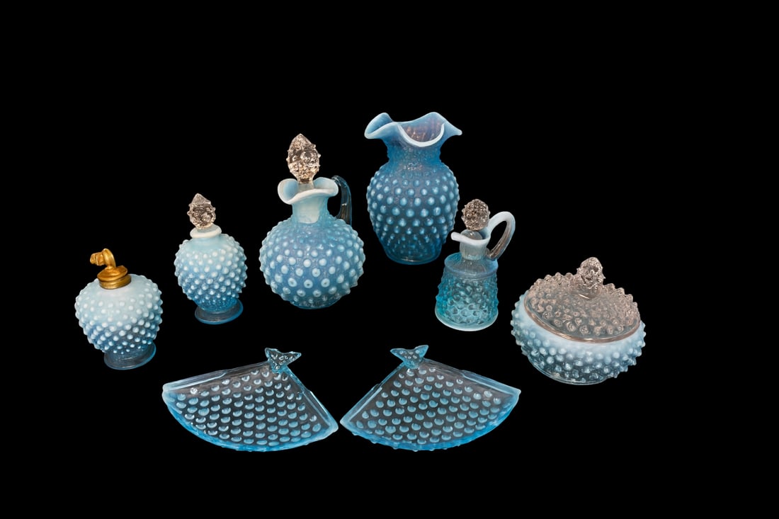 Fenton Blue Opalescent Hobnail Vanity & Dresser Set – 8 Pieces (Some Replacement Stoppers) (1 of 3)
