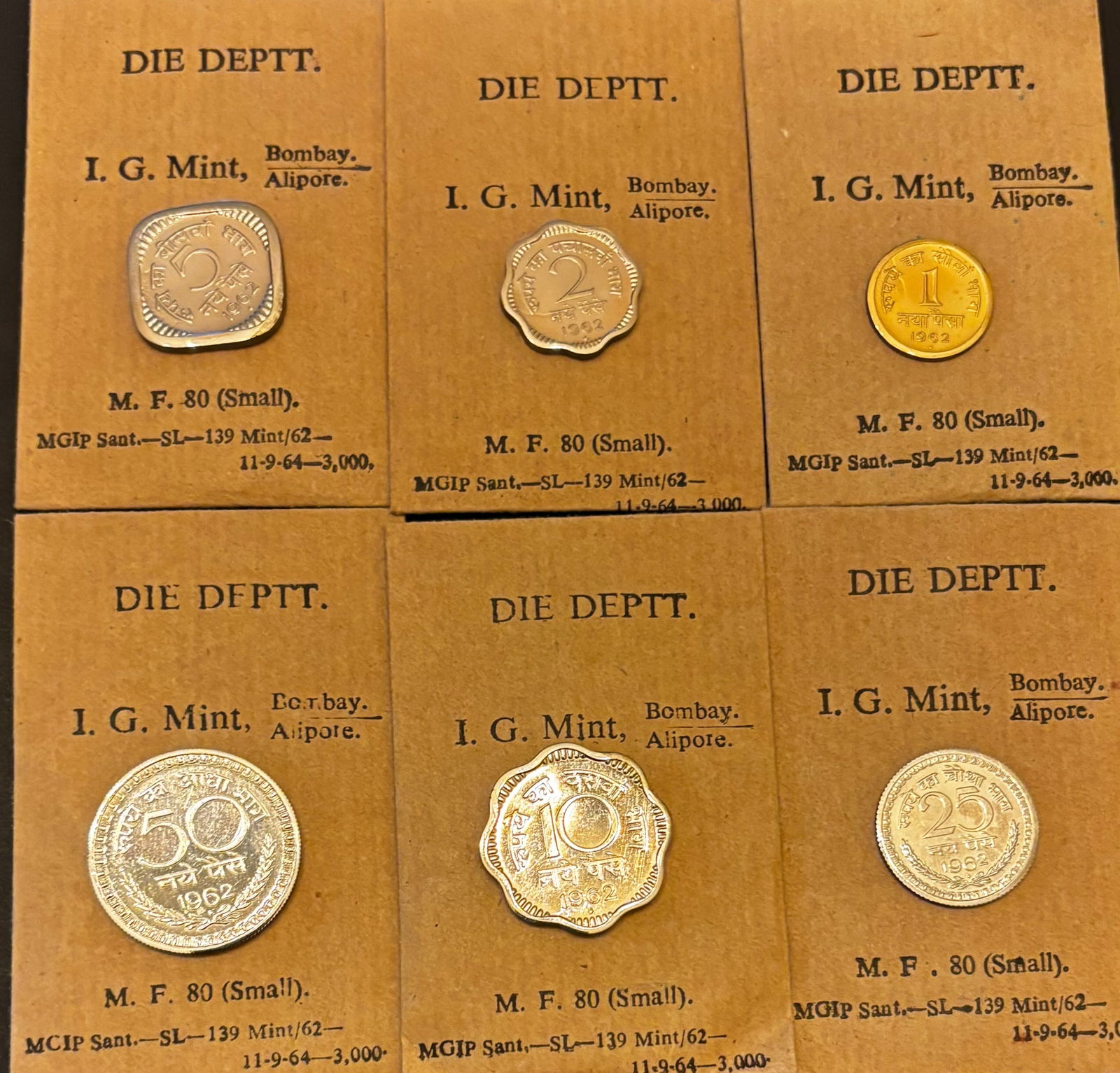 Set of 6 – 1964 India Proof / Specimen Coins in Original I.G. Mint “Die Dept.?? Cards (Bombay / (1 of 2)