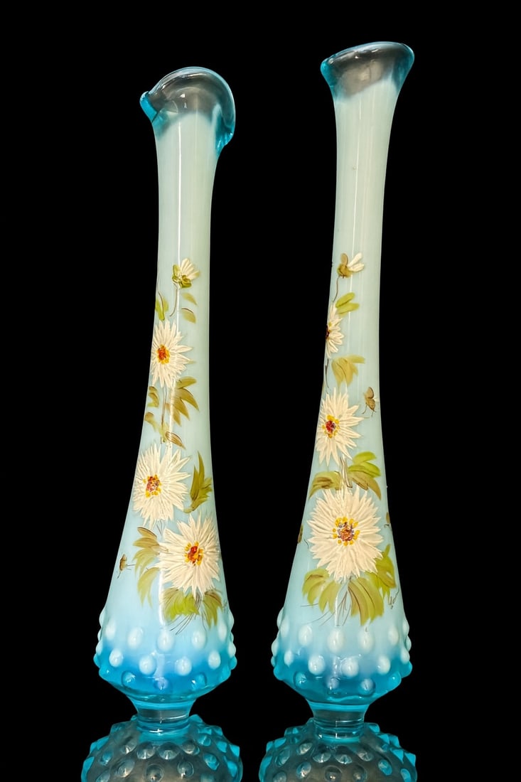 Fenton Blue OPalescent Hobnail Bud Vases Hand Painted and SIgned by Louise Piper (1 of 3)