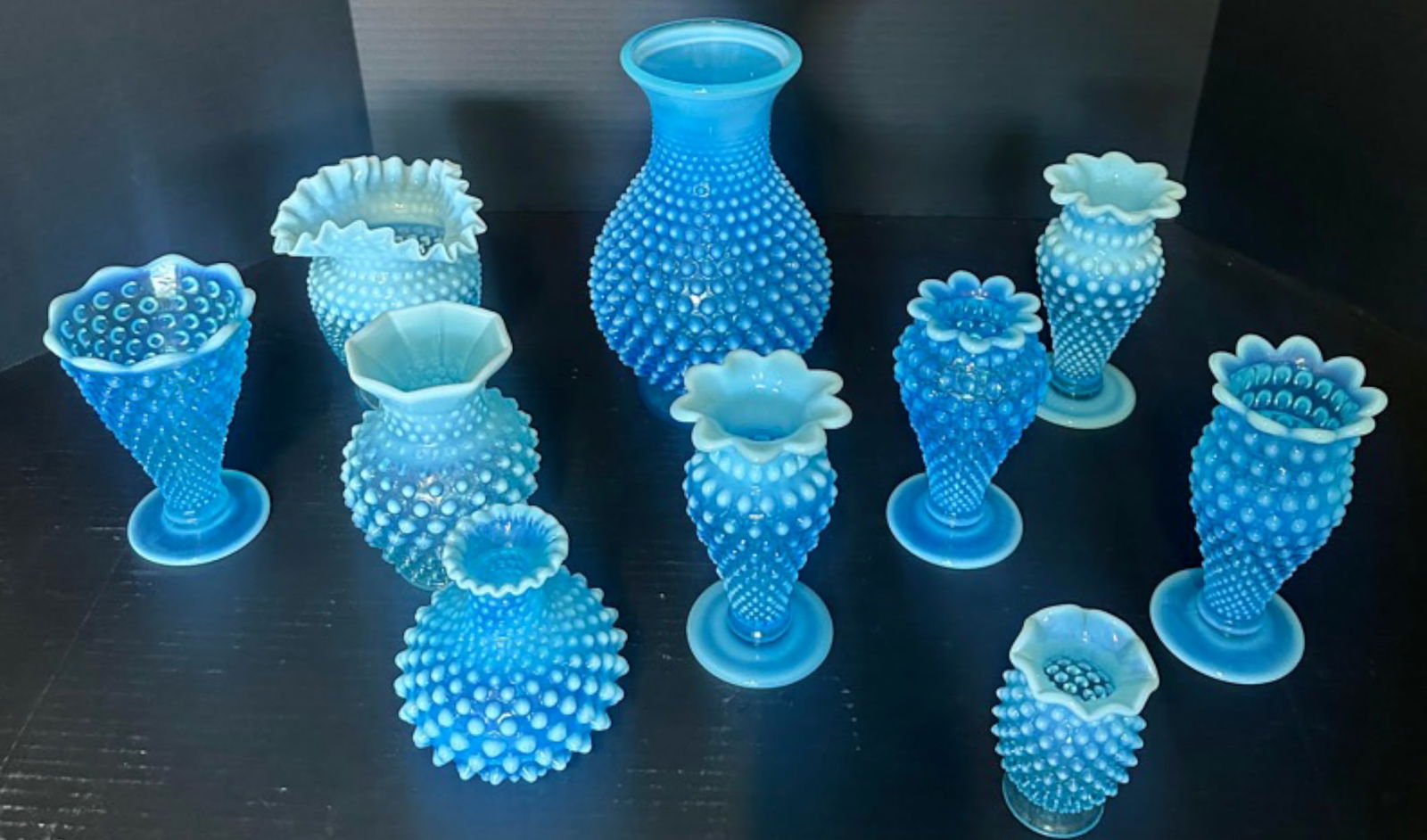 Collection of 10 Fenton Blue Opalescent Hobnail Vases – Assorted Sizes & Rim Styles (1 of 4)
