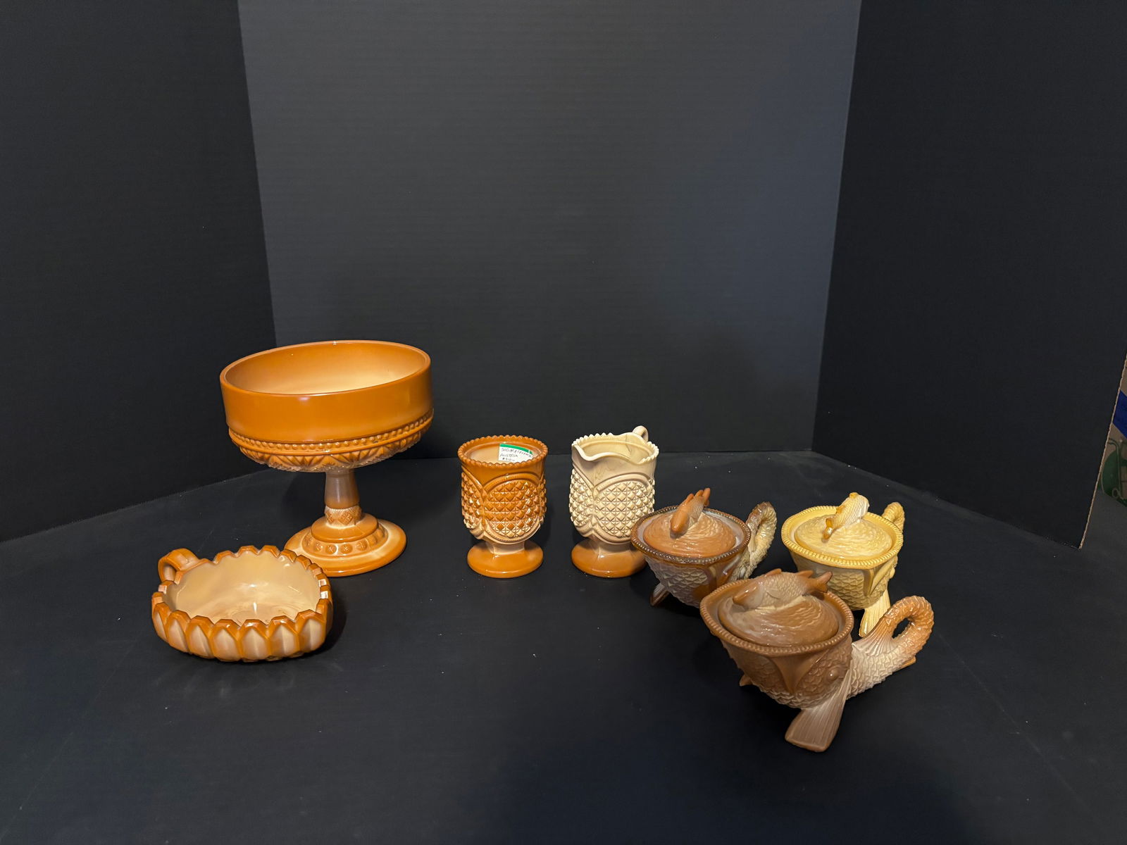 Collection of Caramel Slag Pressed Glass — Fish Covered Dishes & Matching Compote Set (1 of 6)