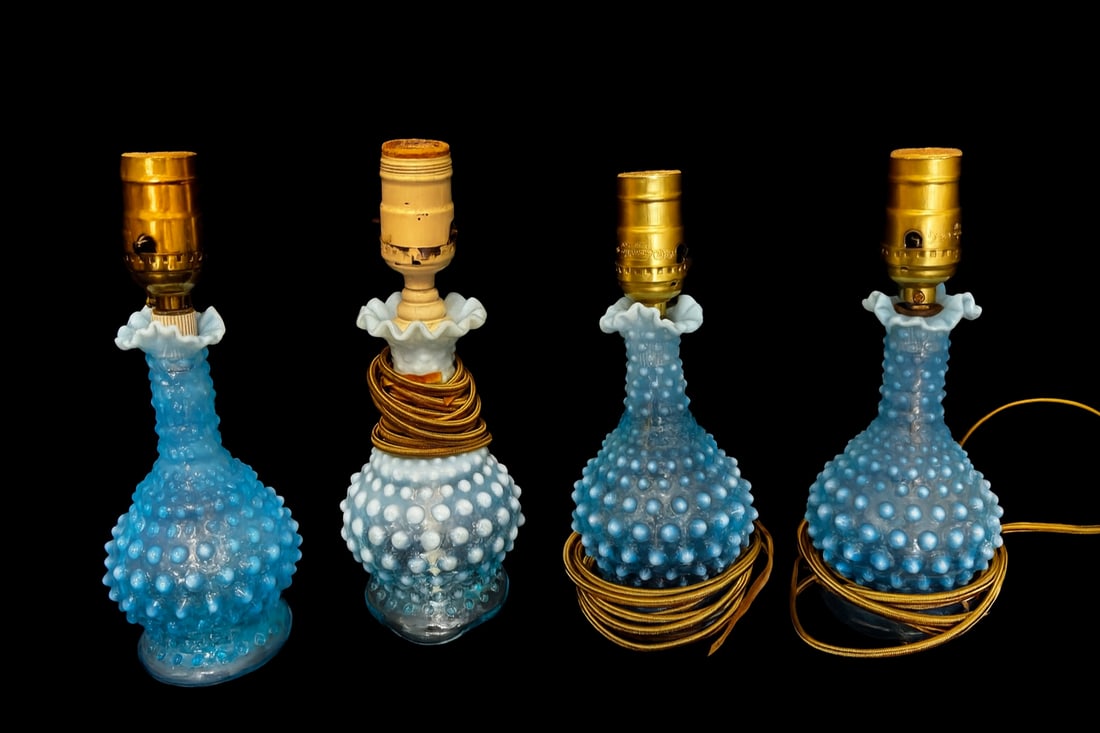Set of Four Fenton Blue Opalescent Hobnail Glass Mini Lamps (1 of 3)