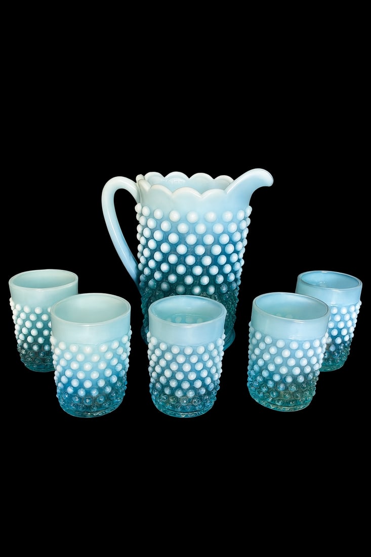 Fenton Blue Opalescent Hobnail Lemonade Set 7pcs (1 of 4)
