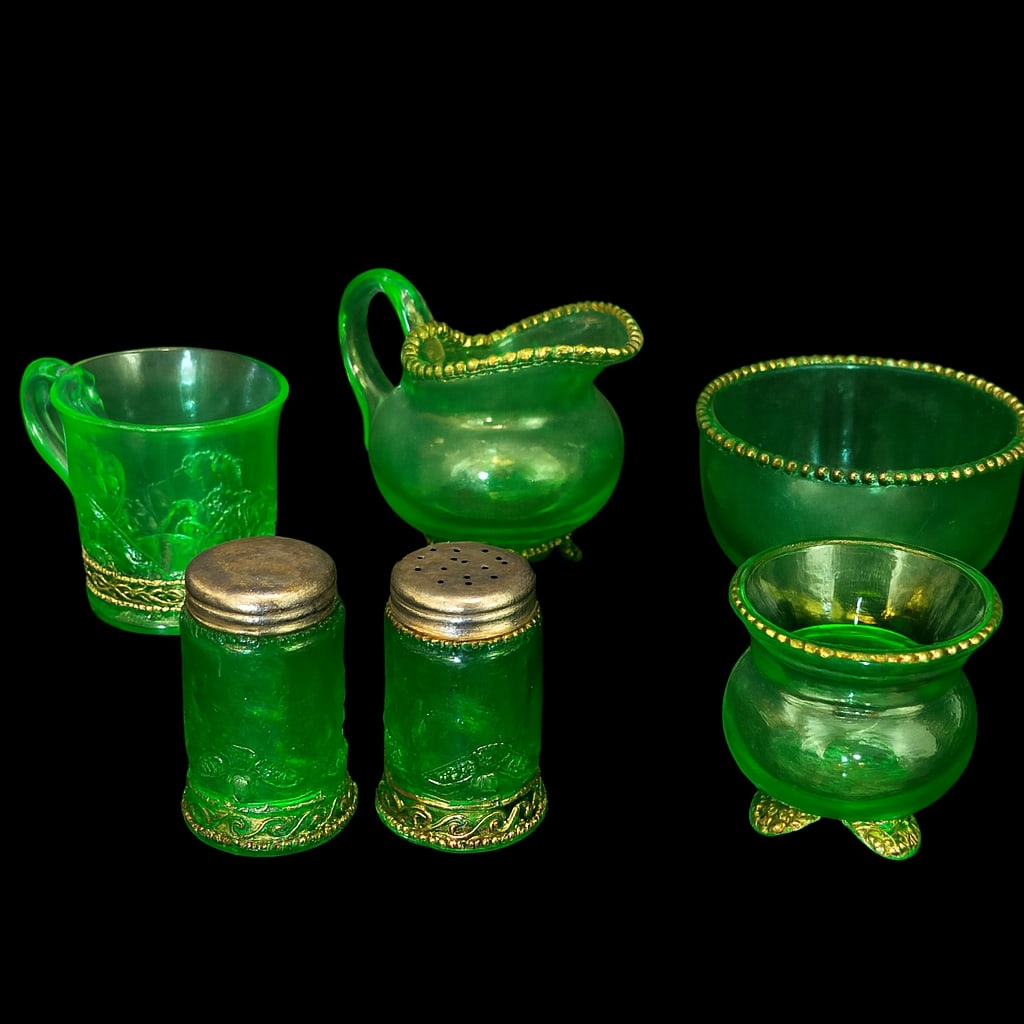 Vintage Neon Green Beaded Glass Lot: Approximate Dimensions:Creamer: 4” H Sugar: 3.75” H Shakers: 3.25” H Small pedestal bowls: 4”–4.5” W Vase: 4” H