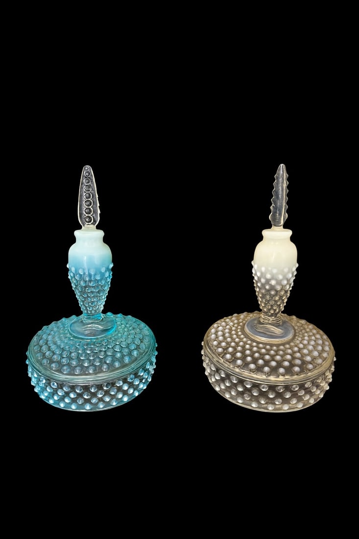 Pair of Fenton Opalescent Hobnail PerfumenBottles With Trays Aqua and White: They present beautifully as a coordinated pair or could be separated for collectors seeking specific color variants.Dimensions (approx.): Bottles with stopper: 6.5”H × 4.5”W Trays: 4.75&r