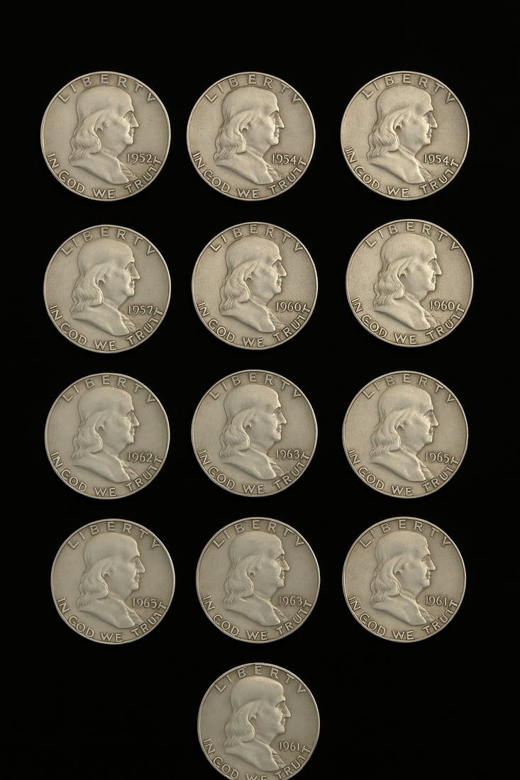 Lot of 13 Franklin Silver Half Dollars – 90% Silver – Mixed Dates (1952–1963) (1 of 4)
