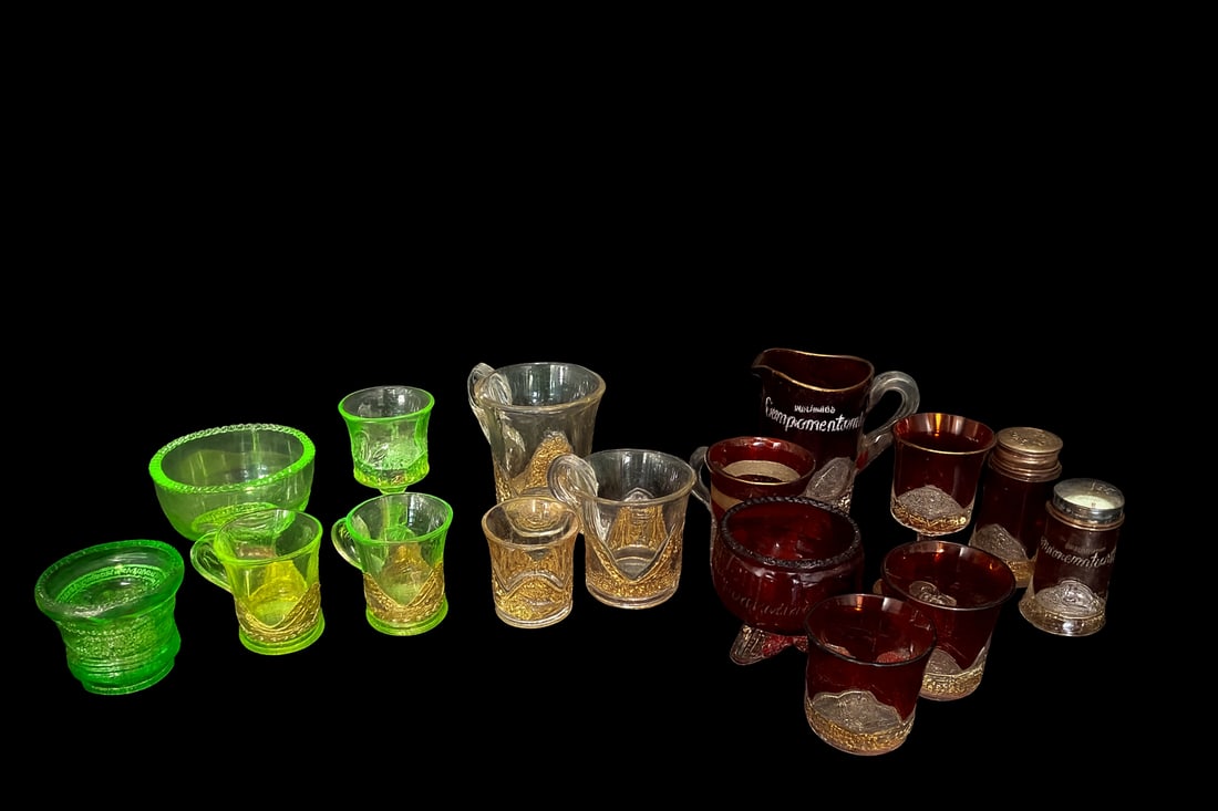 Set of 17 Early Souvenir Pattern Glass Pieces — Ruby Flash, Vaseline, and Clear 'Daisy & Button' (1 of 5)