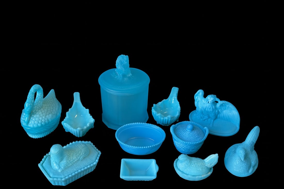 Blue Milk Glass Figural Covered Dishes & Decorative Pieces – 12-Piece Assortment (1 of 9)