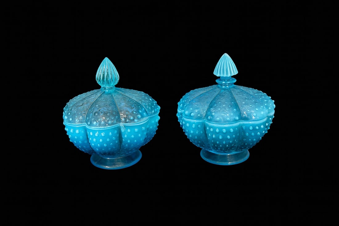 Pair of Fenton Blue Opalescent Hobnail Covered Candy Dishes (1 of 3)