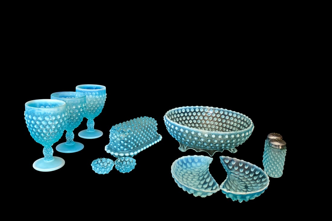 Fenton Blue Opalescent Hobnail Glass Collection – Goblets, Butter Dish, Bowl, Relishes, Salt & (1 of 5)