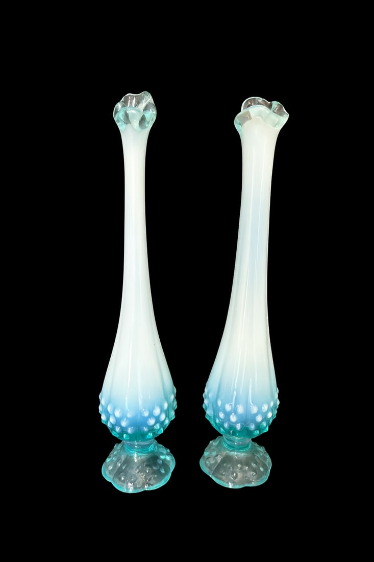 Fenton Bue Opalescent Hobnail Bud Vases, Ruffled Top Pair (1 of 3)