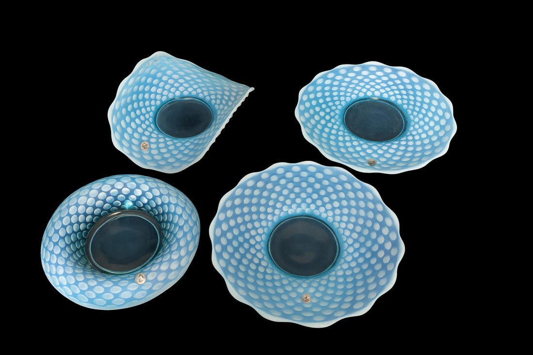 Fenton Blue Opalescent Hobnail Bowls — Set of Four (Berry Bowls + Bonbon Dish) (1 of 9)