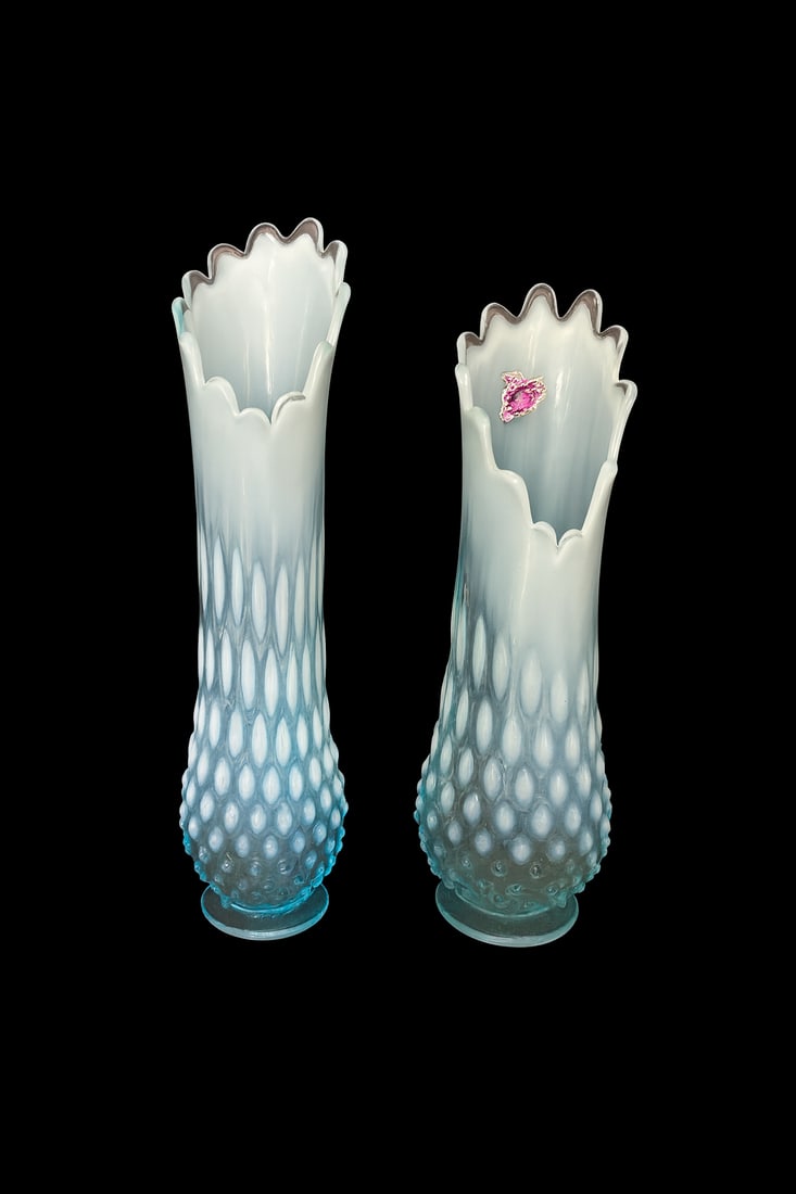 Fenton Blue Opalescent Hobnail Vases, Ruffled Rim Pair (1 of 3)