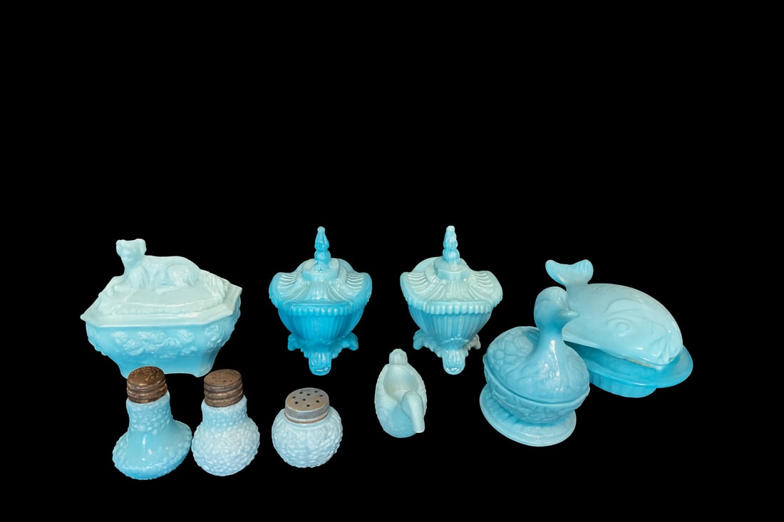 Lot of 11 Turquoise Blue Milk Glass Figural Covered Boxes & Shakers (1 of 5)
