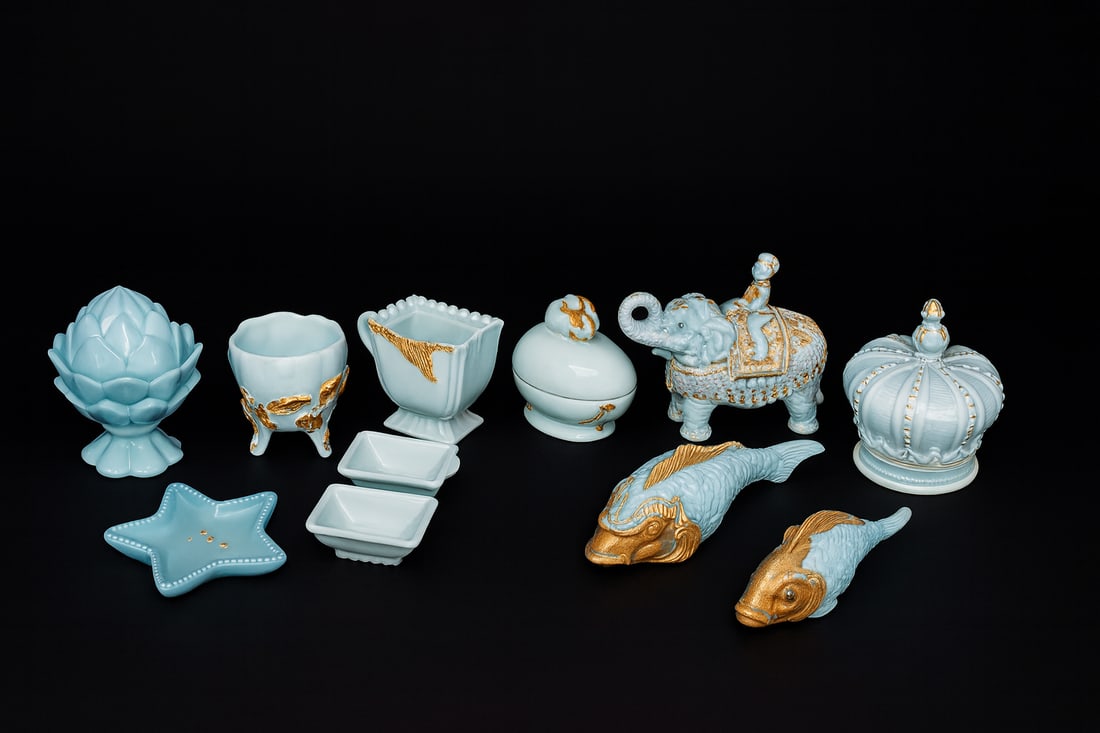 Collection of 10 Blue Milk Glass Decorative Pieces w/ Gold Trim (1 of 5)