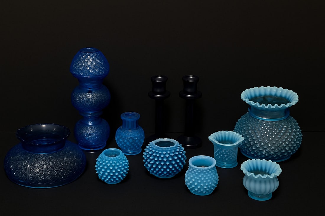 9-Piece Blue Art Glass & Fenton Hobnail Lighting Shade Lot – Opalescent, Satin, Hobnail & Pressed (1 of 7)
