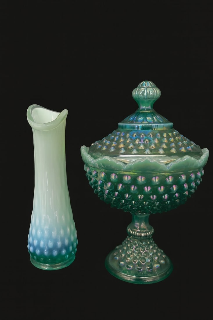 Pair Of Fenton Hobnail Iridescent and Opalescent Glass Pieces- Covered Compote & Vase (1 of 3)
