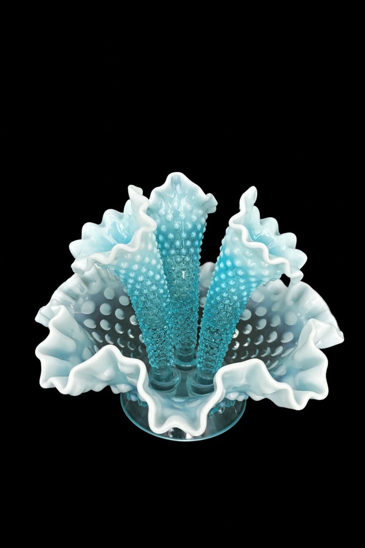 Fenton Blue Opalescent Hobnail 3-Horn Epergne (1 of 5)
