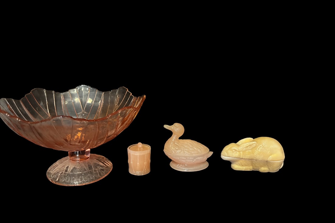 Pink Depression Glass Sunkist Footed Reamer + 3 Satin Custard Animal Covered Dishes (1 of 7)