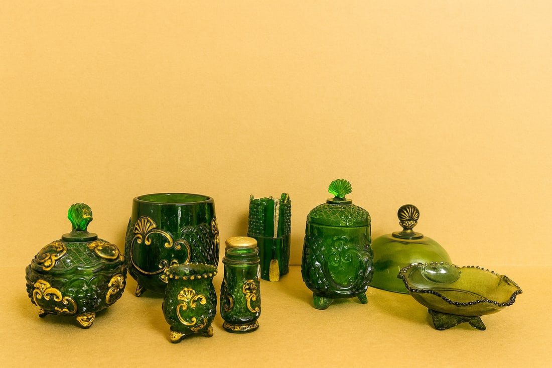 Victorian-Style Emerald Green Glass Vanity Set w/ Gold Gilt — Lot of 8 (1 of 4)