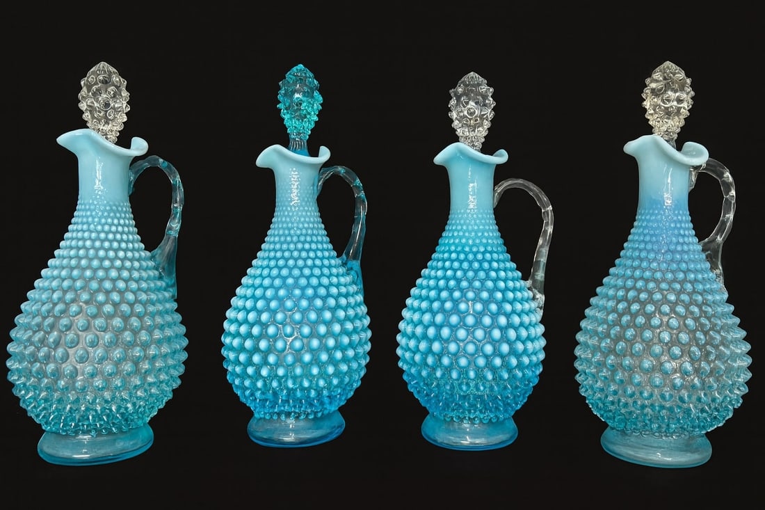 Set of Four Fenton Blue Opalescent Hobnail Cruets (1 of 3)