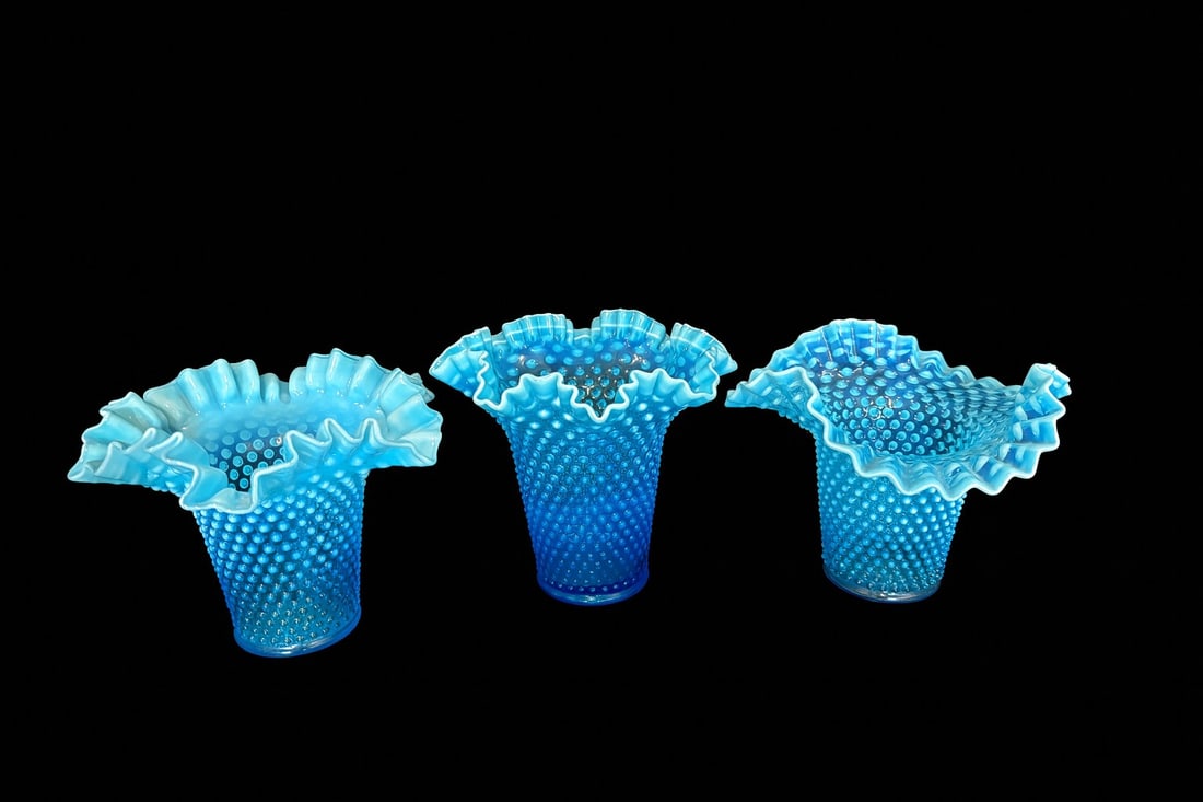 Set of Three Fenton Blue Opalescent Hobnail Ruffled Vases, c. 1950s (1 of 2)
