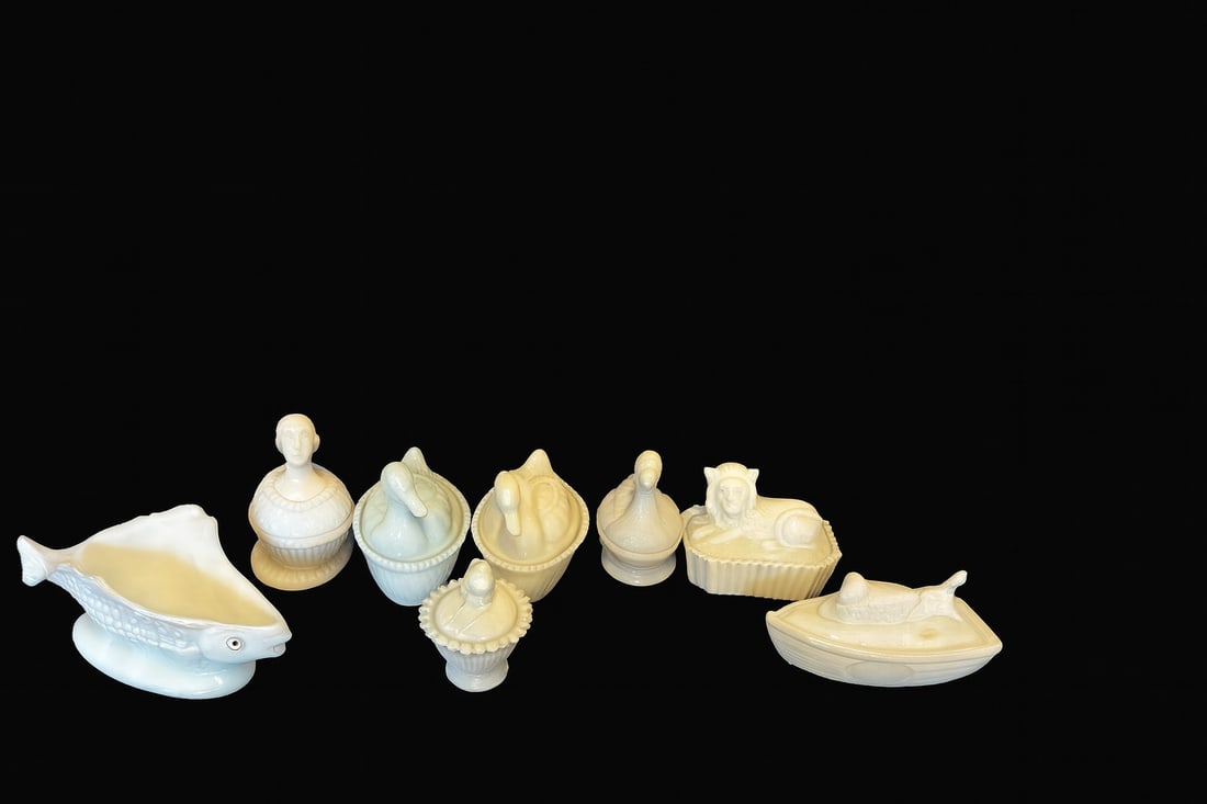 8 pcs Milk Glass Covered Animal Dishes – Ducks, Fish, Lamb & Lion (1 of 6)