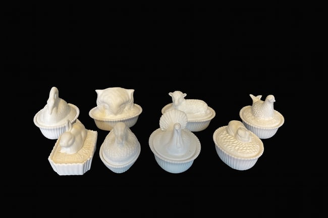 Collection of 8 White Milk Glass Animal Covered Dishes (1 of 7)