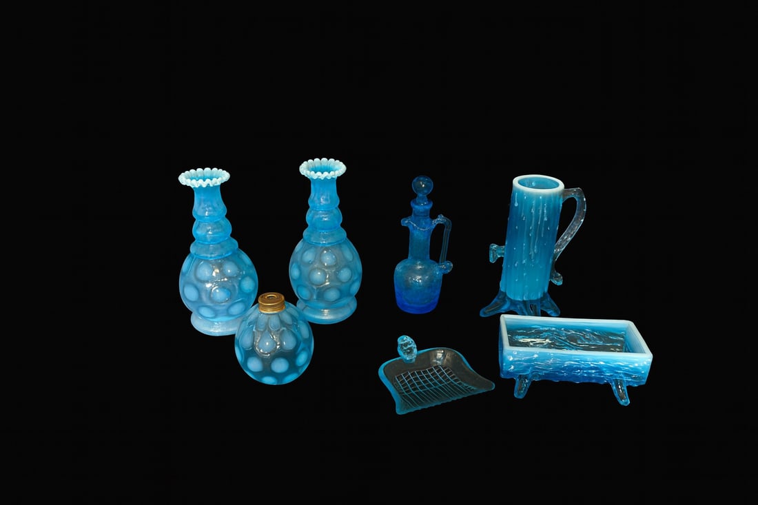 Vintage Blue Art Glass Collection (7 pcs) – Coin Dot, Crackle Glass, Tree-Trunk Forms (1 of 9)
