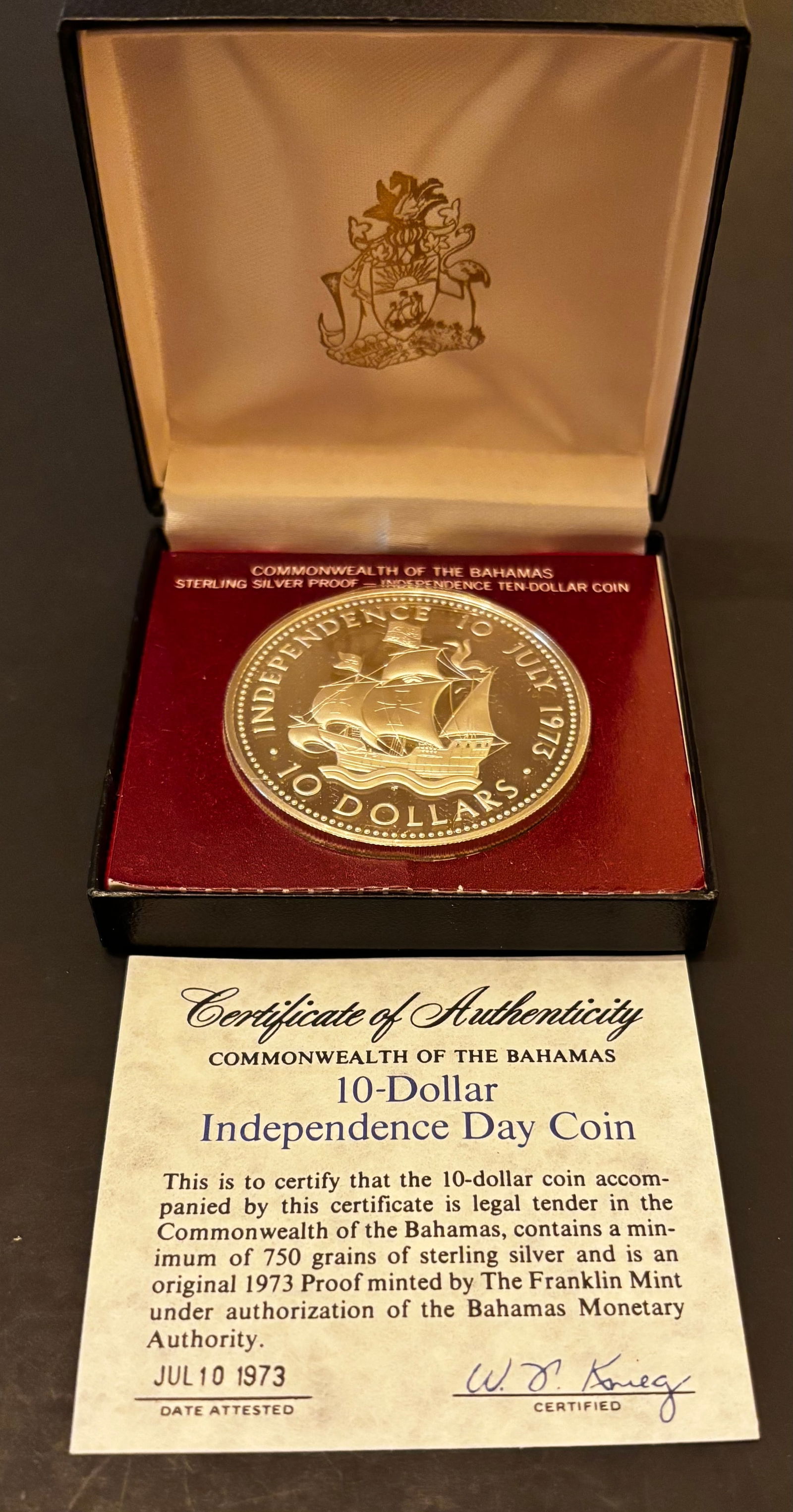 1973 Bahamas $10 Independence Day Sterling Silver Proof Coin – Franklin Mint – COA & Case (1 of 3)
