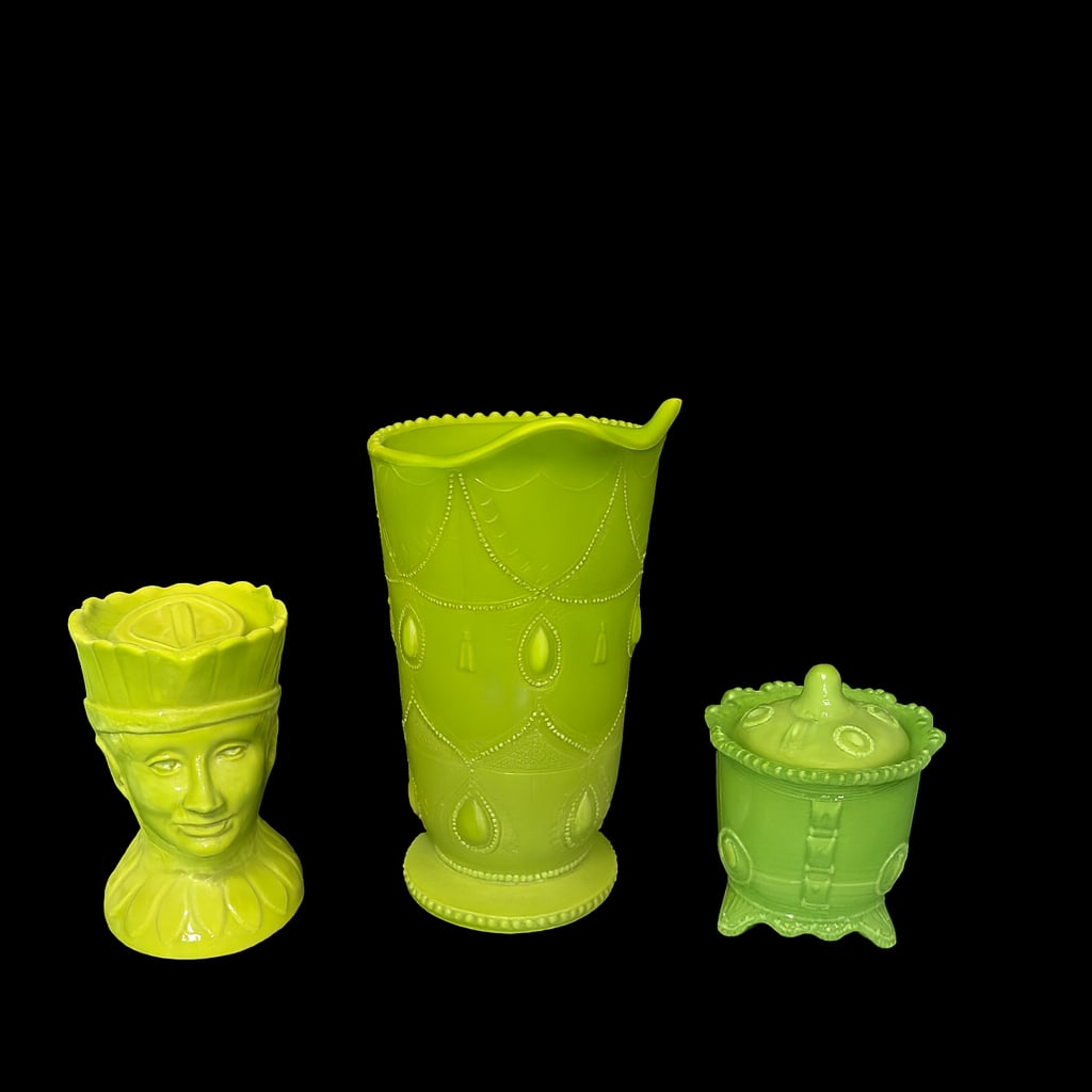 Lot of 3 Chartreuse Custard Glass Pieces – Figural Head Vase, Persian Medallion Pitcher & Lidded (1 of 5)