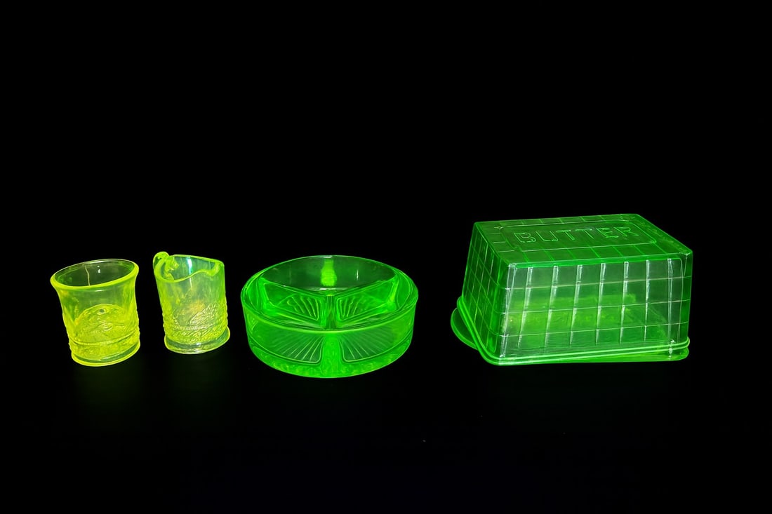 Set of 4 Vaseline & Uranium Glass Pieces — Daisy & Button Creamer & Toothpick, Divided Dish, (1 of 4)