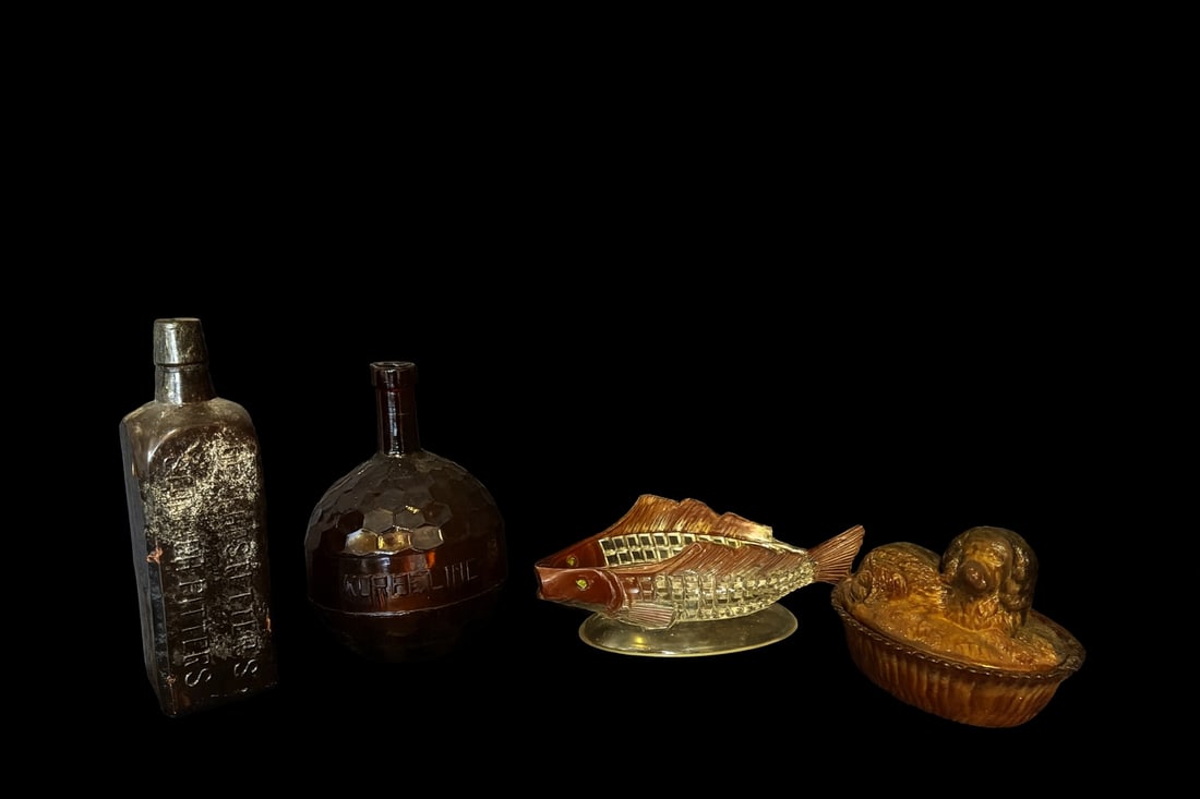 Antique Amber Glass Group – Bitters, Korbeline, Fish Dish, Dog Covered Dish (1 of 4)