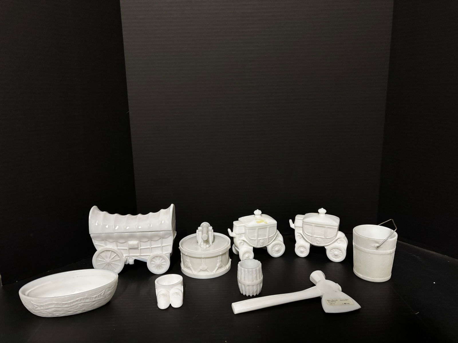 9-Piece White Milk Glass Novelty Lot – Stagecoaches, Wagon, Drum, Bucket, Shoes, Axe, Trinket (1 of 3)