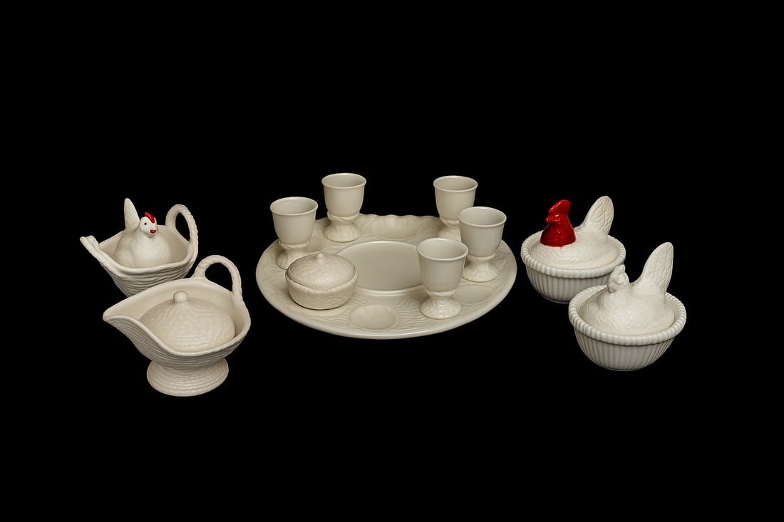 Collection of Vintage Milk Glass Hens on Nests & Egg Service Set (6 Pieces Total): Six-piece white milk glass grouping including egg plate with built-in egg cups, two hen-on-nest dishes (one painted), two handled baskets, and one small dish.