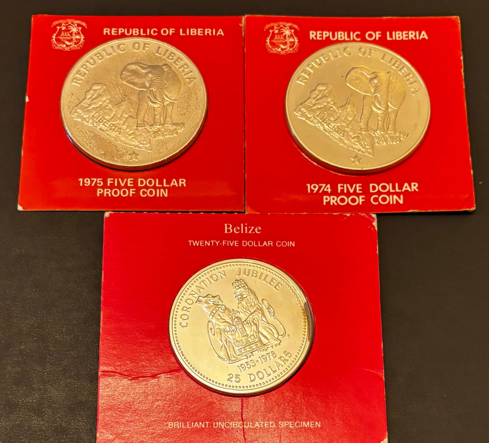 Group of 3 Franklin Mint Proof/BU Coins – Liberia $5 (1974 & 1975) + Belize $25 Jubilee (1978) (1 of 2)