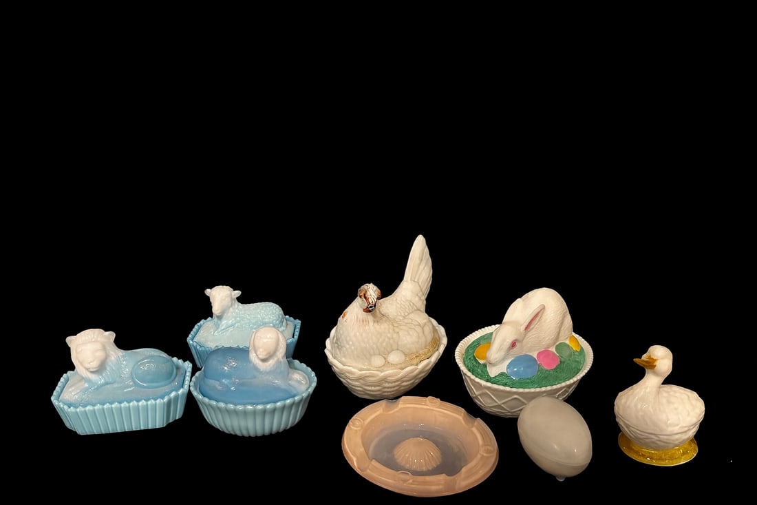 Group of 8 Vintage Figural Covered Dishes – Blue Slag, Milk Glass & Painted Forms (1 of 4)