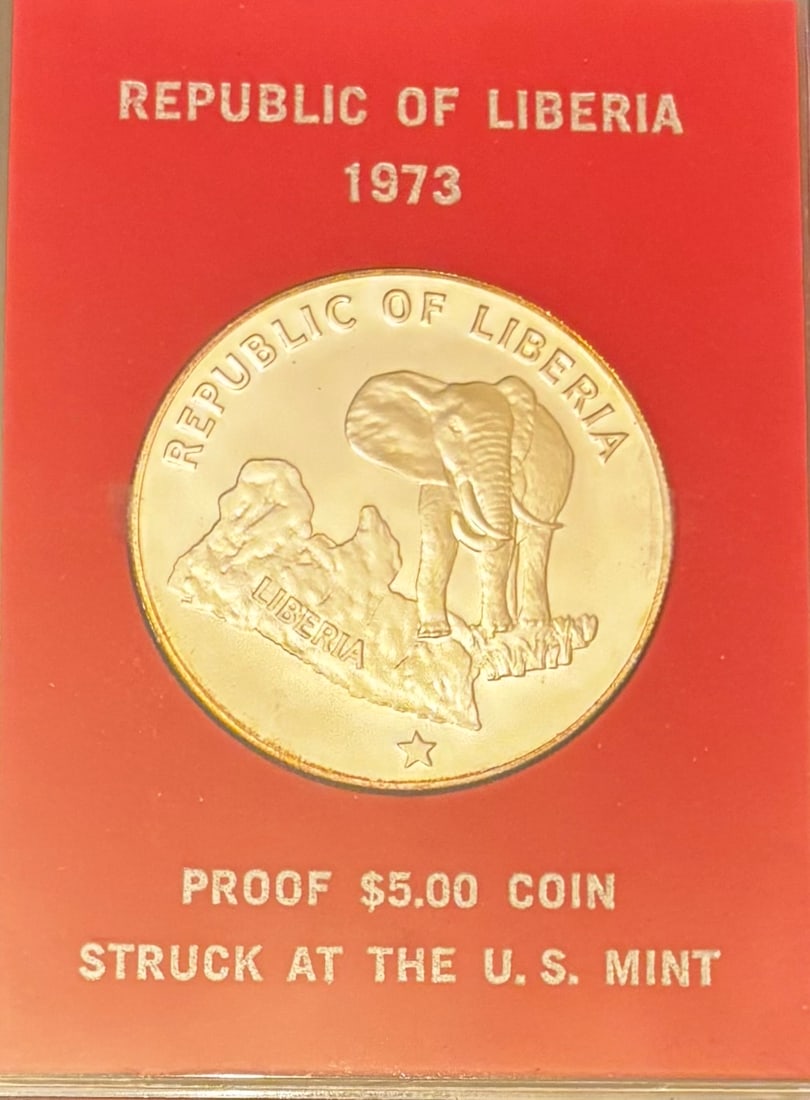 1973 Republic of Liberia – Proof $5 Coin (Elephant Design) – Struck at the U.S. Mint: Liberia $5 proof coin featuring elephant design; struck at U.S. Mint; original red display card.