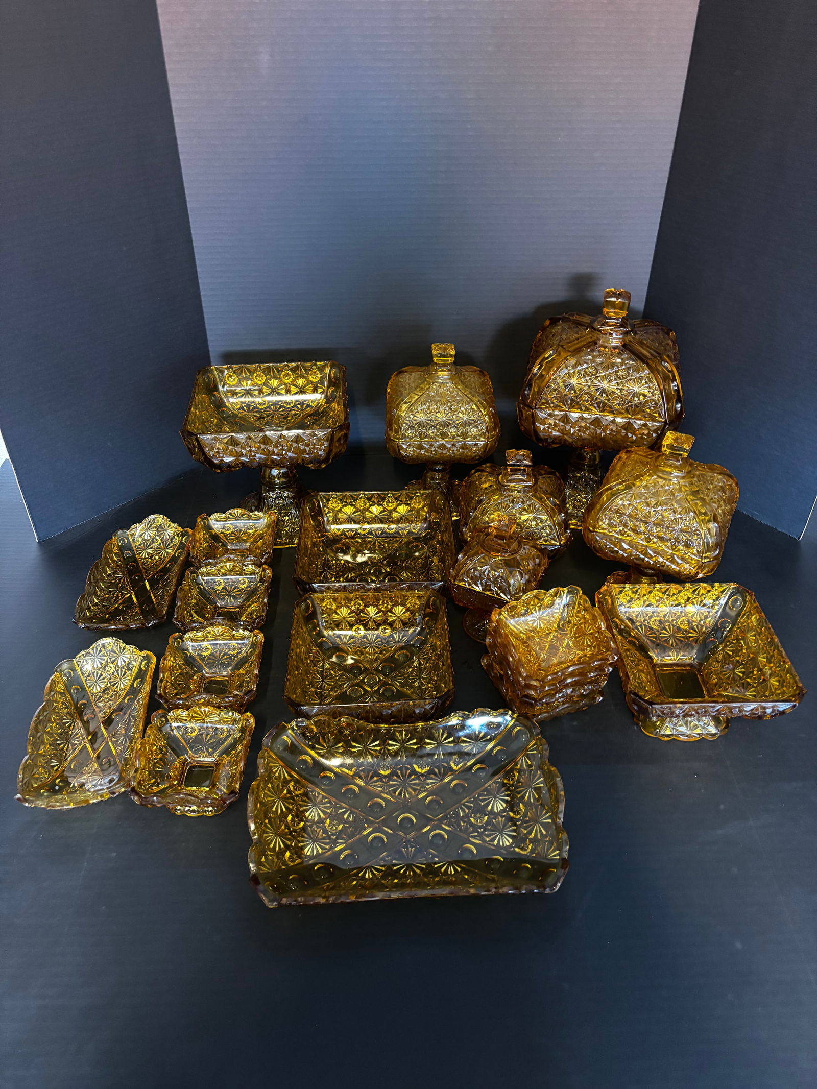 Extensive Amber Daisy & Button Pressed Glass Collection with Crossbar Pattern (19 pcs) (1 of 3)
