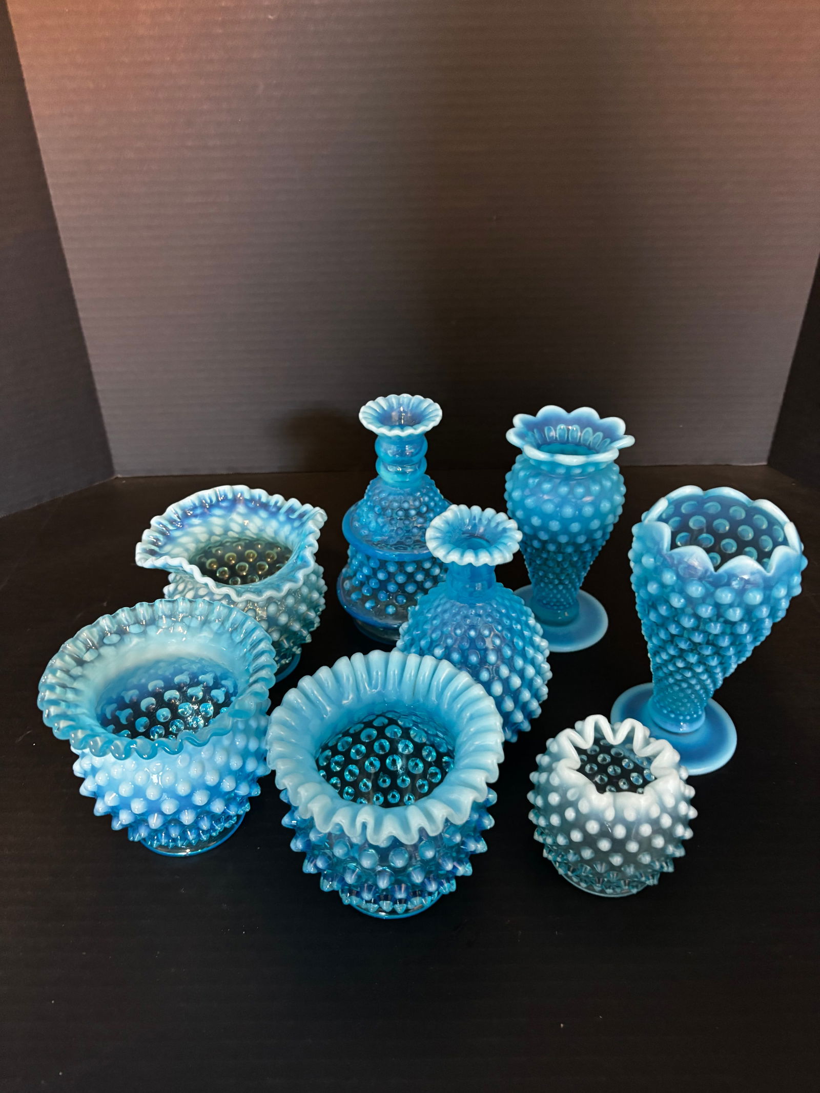Collection of Fenton Blue Opalescent Hobnail Vases & Bowls — 8 Pieces, 1950s–60s (1 of 3)