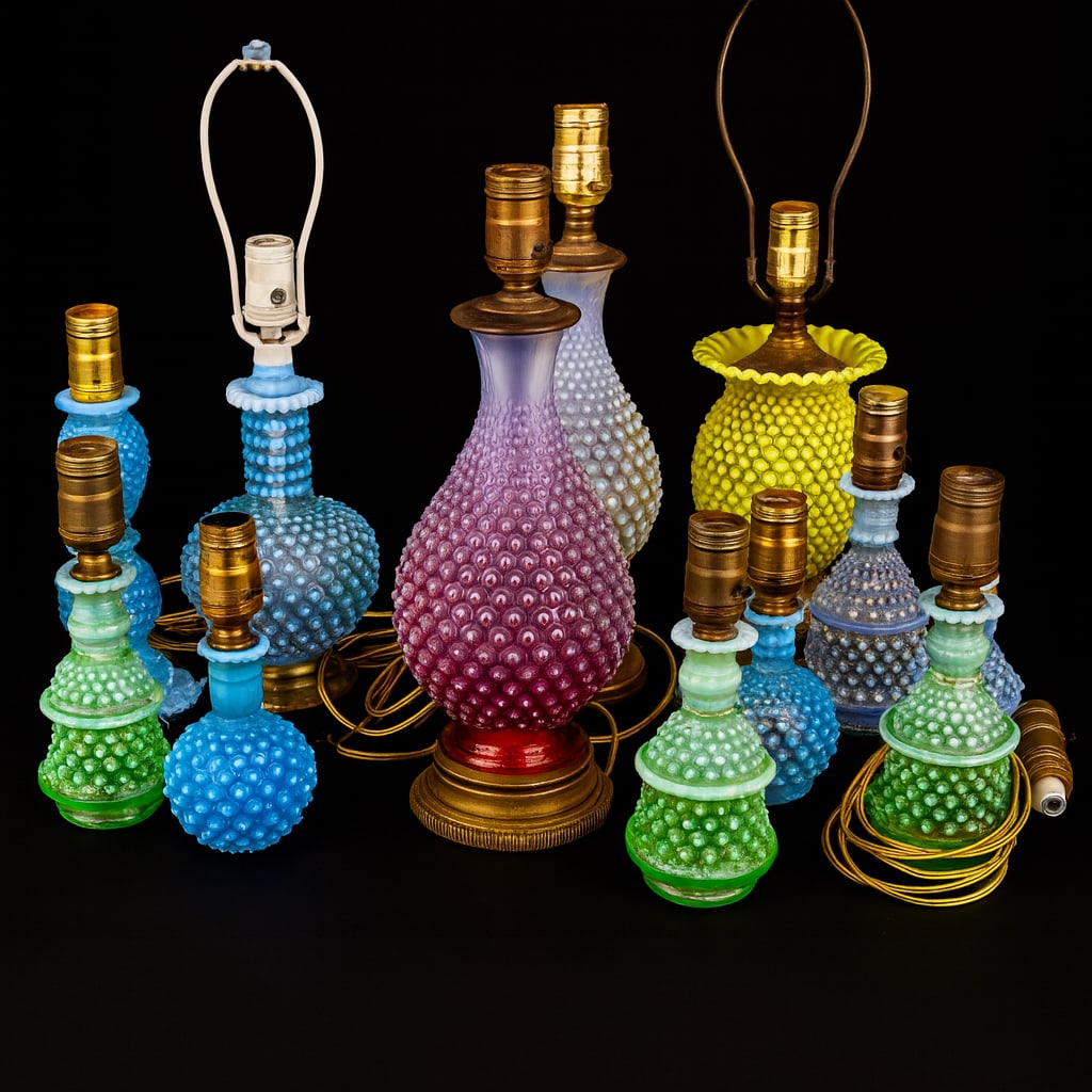 Collection of 14 Vintage Fenton Hobnail Art Glass Lamps, Multi-Color Assortment (1 of 3)